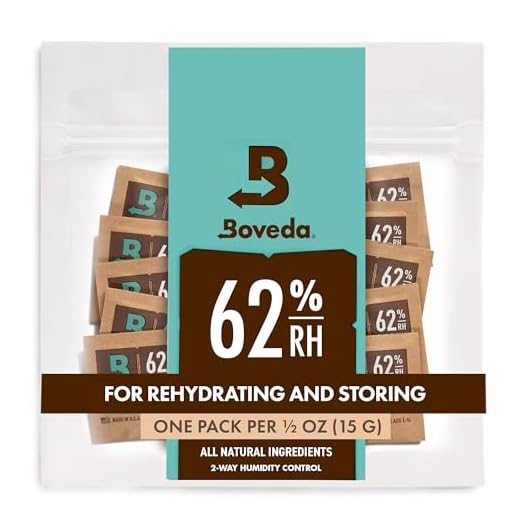 Boveda zur Aufbewahrung von Kräutern | 2-Wege-Feuchtigkeitsregulierung mit 62% relativer Feuchtigkeit | Größe 4 schützt bis zu 15 g Blüten | verhindert den Verlust von Terpenen | 10 Stück