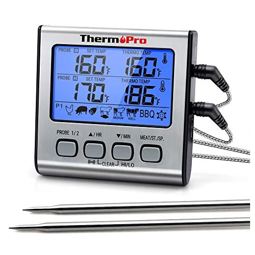 ThermoPro TP17 Digitales Grill-Thermometer Bratenthermometer Fleischthermometer Küchenthermometer, zwei Edelstahlsonden, Blaue Hinterbeleuchtung, Temperaturbereich bis 300°C