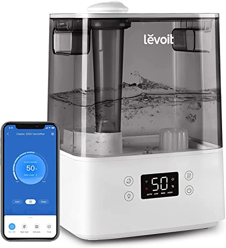 LEVOIT 6L Luftbefeuchter Top-Fill Humidifier Wlan 27dB mit APP & Alexa Steuerung, Auto & Schlafmodus, Ultra Leise 60H Ultraschall Raumluftbefeuchter mit Kinderzimmer Schlafzimmer bis 47m², Grau