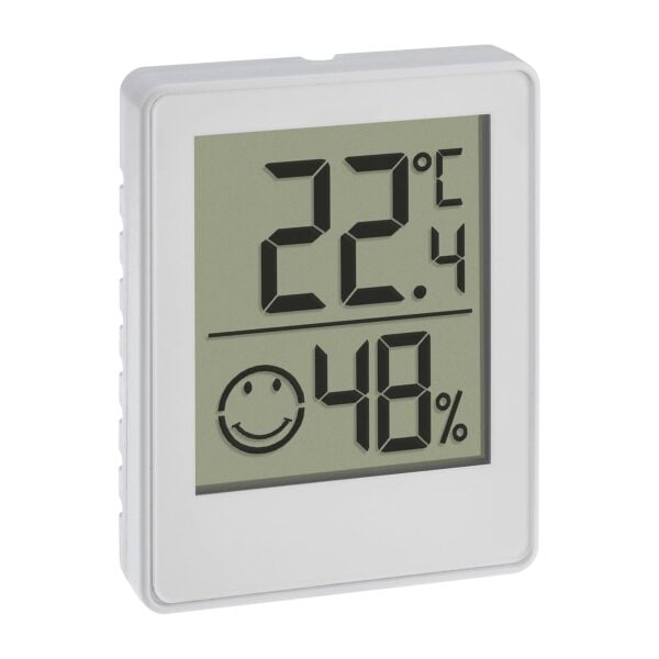 TFA Dostmann Digitales Mini Thermo-Hygrometer, 30.5039.02, Raumthermometer, Temperatur und Luftfeuchtigkeitsmessgerät, mit Smiley Komfortzonen, weiß (1)